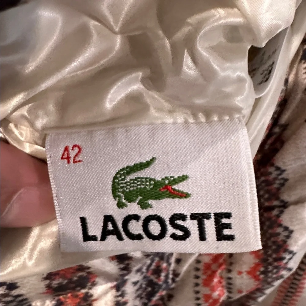 Lacoste Cream and Red Patterned down hooded reversible jacket. Sz 42 medium - Picture 4 of 7